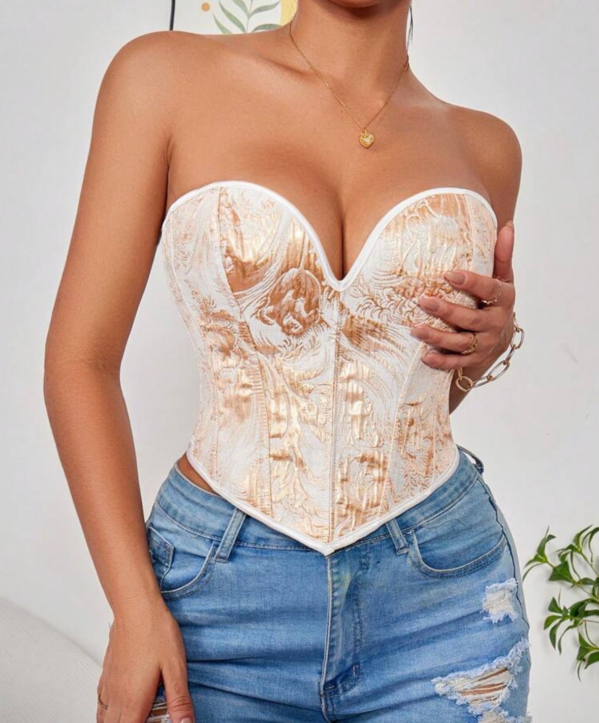 1pc Gold Corset Tops For Women Strapless Lace Up Boned Sweetheart Neck Bodyshaper Bustier Sexy Crop Top, Suitable For Wearing With A Dress