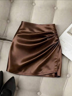 Fashionable New Glossy Asymmetrical Hem High Waist Slim Fit Pleated Bodycon Skirt, Spring/Summer