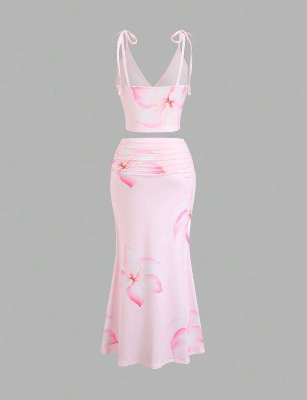 Women's Pink Floral Print High Elasticity Deep V-Neck Camisole Tie-Up Fitted Low Waist Sexy Sweet Romantic Beach Vacation 2-Piece Set