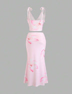 Women's Pink Floral Print High Elasticity Deep V-Neck Camisole Tie-Up Fitted Low Waist Sexy Sweet Romantic Beach Vacation 2-Piece Set