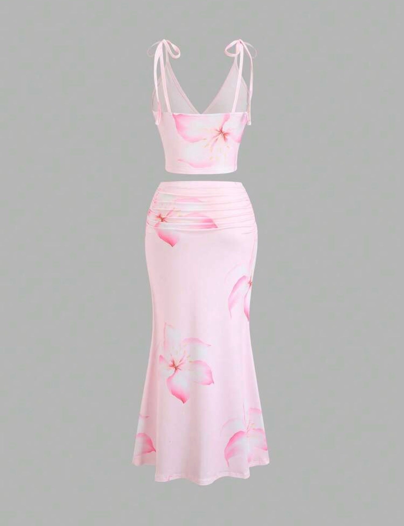 Women's Pink Floral Print High Elasticity Deep V-Neck Camisole Tie-Up Fitted Low Waist Sexy Sweet Romantic Beach Vacation 2-Piece Set