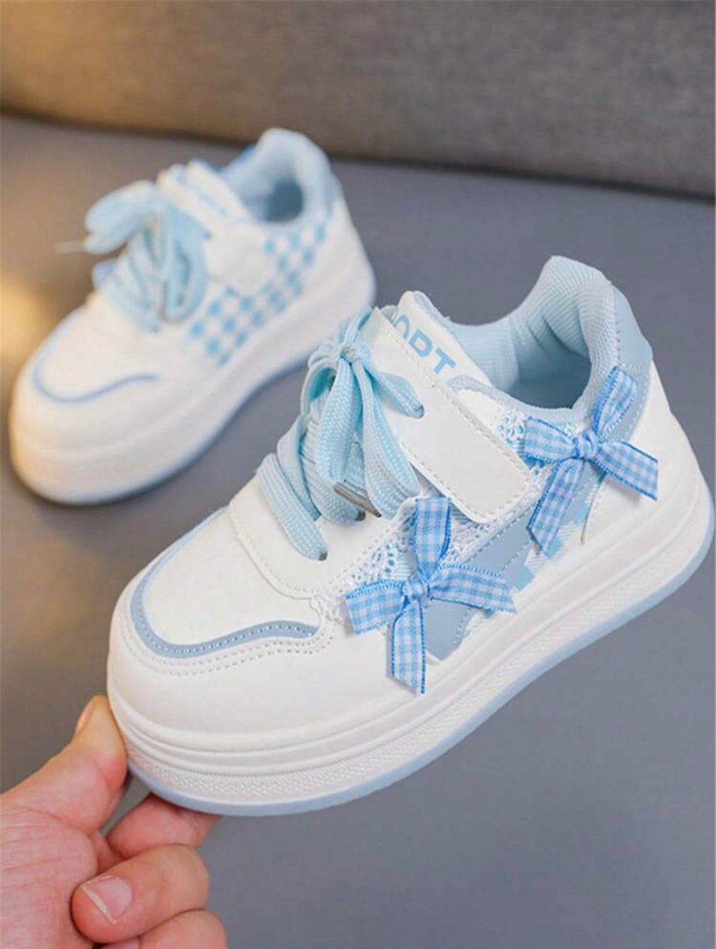 1 Pair Children's New Fashion Comfortable Soft Bottom Bow Knitted Strap Cute PU Hook And Loop Girls Outdoor Casual Versatile Flat Sports Shoes, Suitable For All Seasons