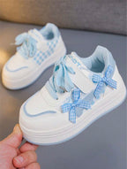 1 Pair Children's New Fashion Comfortable Soft Bottom Bow Knitted Strap Cute PU Hook And Loop Girls Outdoor Casual Versatile Flat Sports Shoes, Suitable For All Seasons