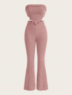 Solid Asymmetrical Hem Tube Top & Flare Leg Pants