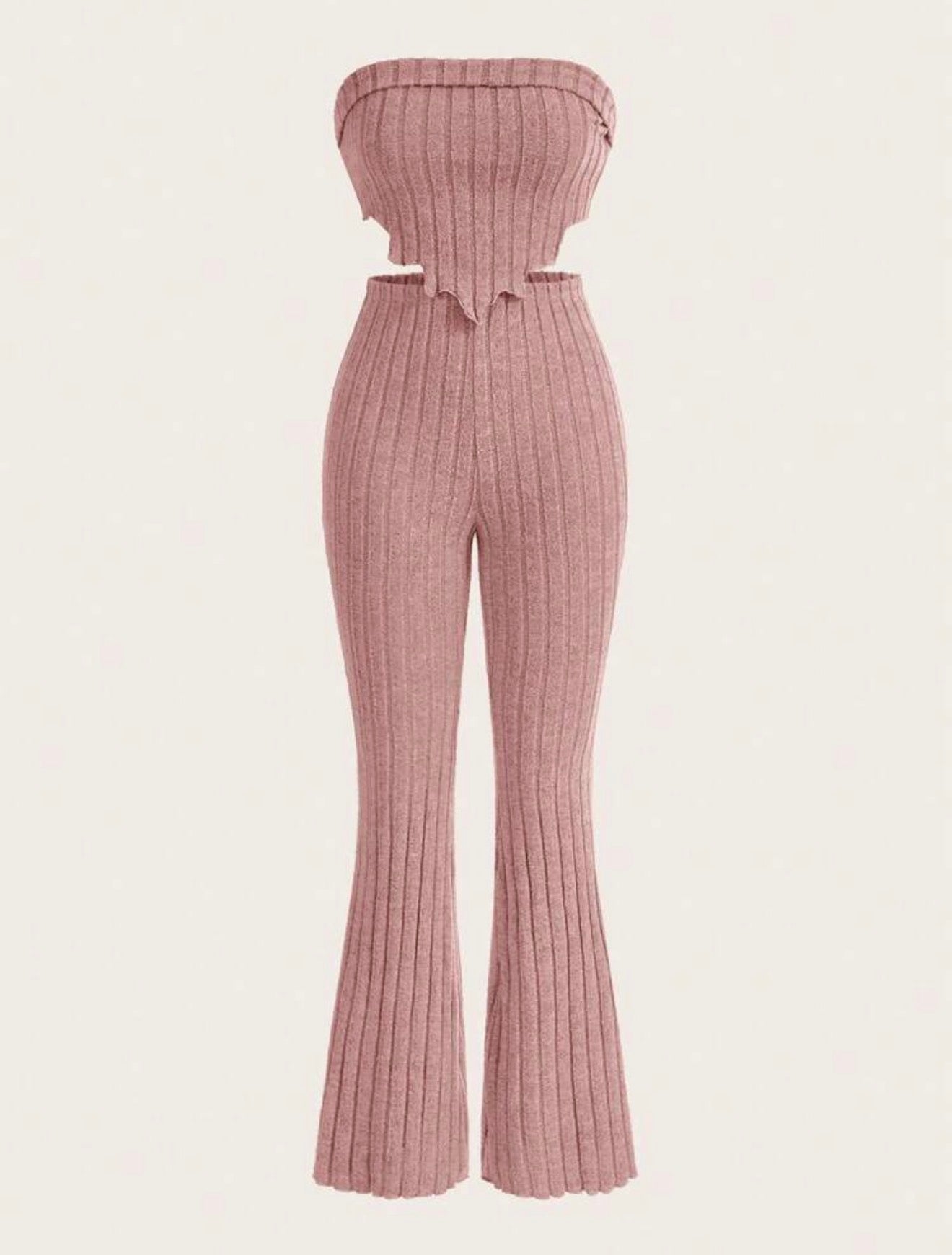 Solid Asymmetrical Hem Tube Top & Flare Leg Pants