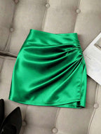 Fashionable New Glossy Asymmetrical Hem High Waist Slim Fit Pleated Bodycon Skirt, Spring/Summer