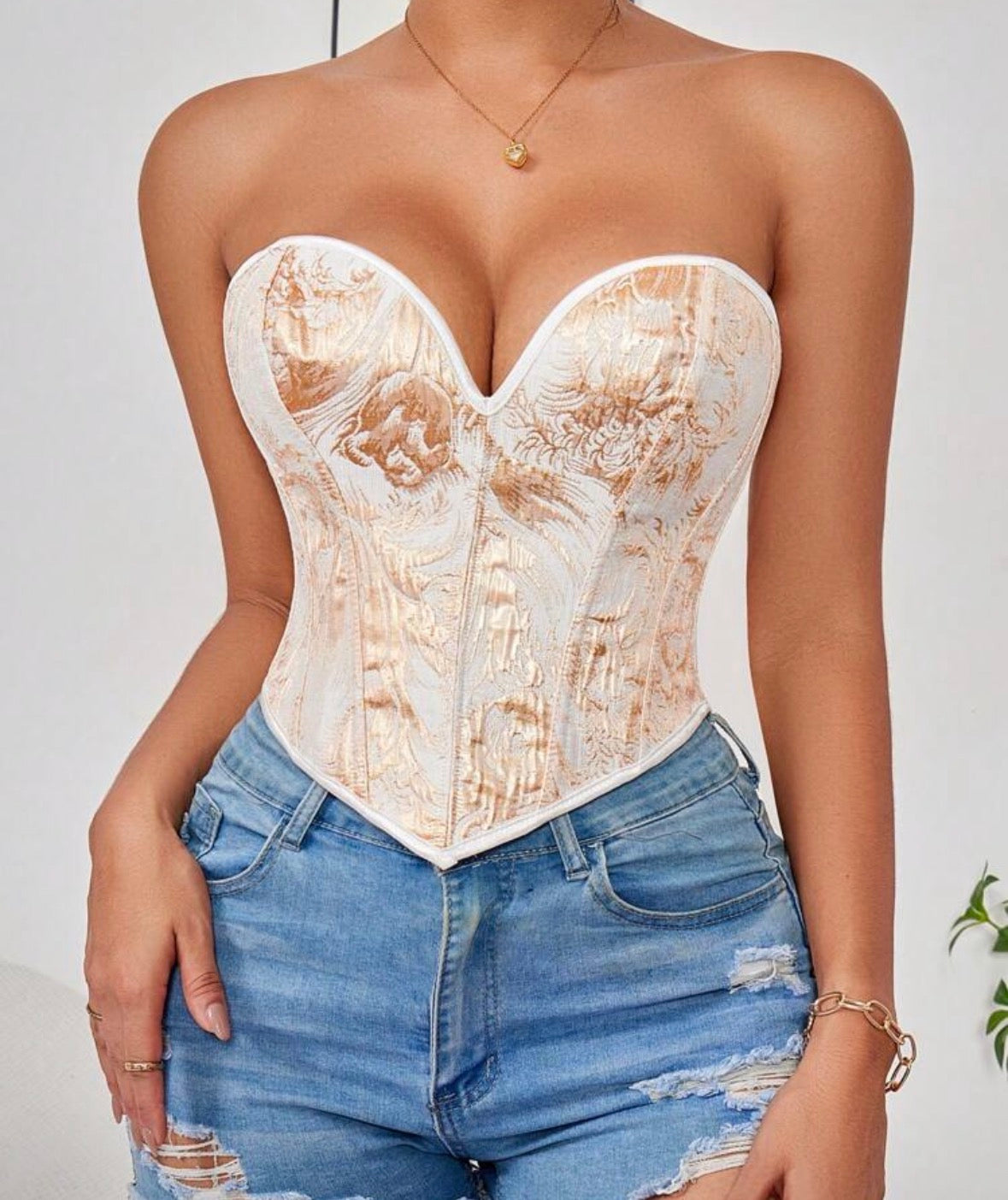1pc Gold Corset Tops For Women Strapless Lace Up Boned Sweetheart Neck Bodyshaper Bustier Sexy Crop Top, Suitable For Wearing With A Dress