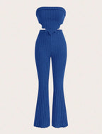 Solid Asymmetrical Hem Tube Top & Flare Leg Pants