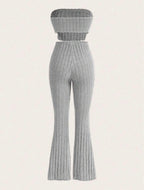 Solid Asymmetrical Hem Tube Top & Flare Leg Pants