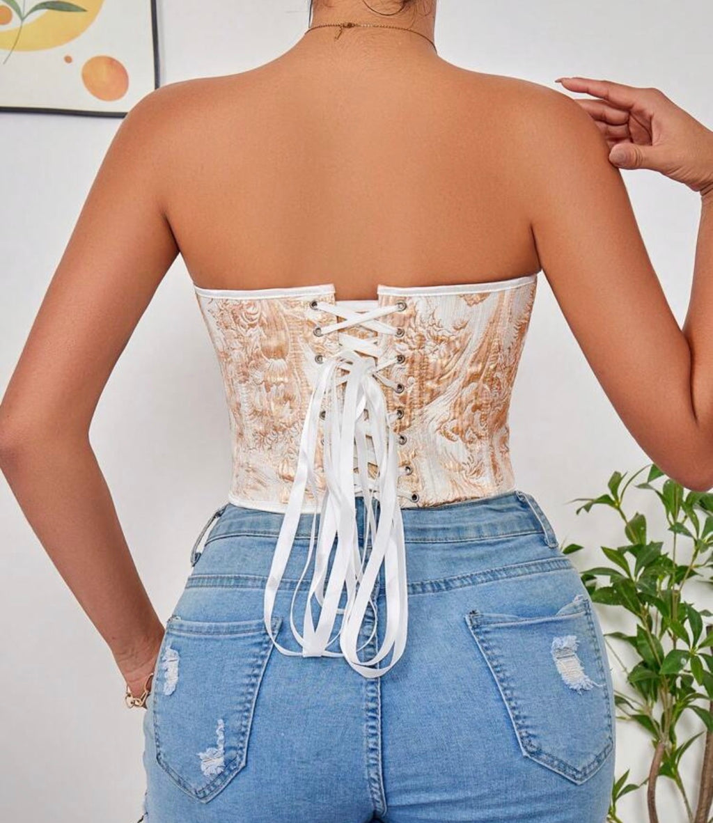 1pc Gold Corset Tops For Women Strapless Lace Up Boned Sweetheart Neck Bodyshaper Bustier Sexy Crop Top, Suitable For Wearing With A Dress
