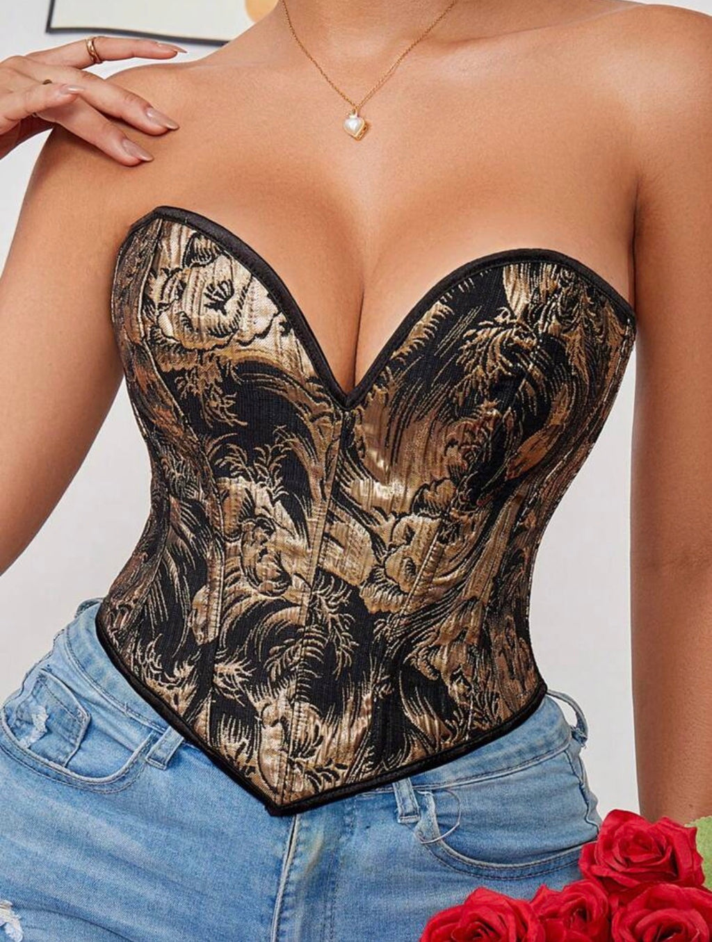 1pc Gold Corset Tops For Women Strapless Lace Up Boned Sweetheart Neck Bodyshaper Bustier Sexy Crop Top, Suitable For Wearing With A Dress