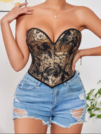 1pc Gold Corset Tops For Women Strapless Lace Up Boned Sweetheart Neck Bodyshaper Bustier Sexy Crop Top, Suitable For Wearing With A Dress