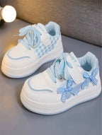 1 Pair Children's New Fashion Comfortable Soft Bottom Bow Knitted Strap Cute PU Hook And Loop Girls Outdoor Casual Versatile Flat Sports Shoes, Suitable For All Seasons