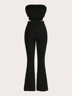 Solid Asymmetrical Hem Tube Top & Flare Leg Pants