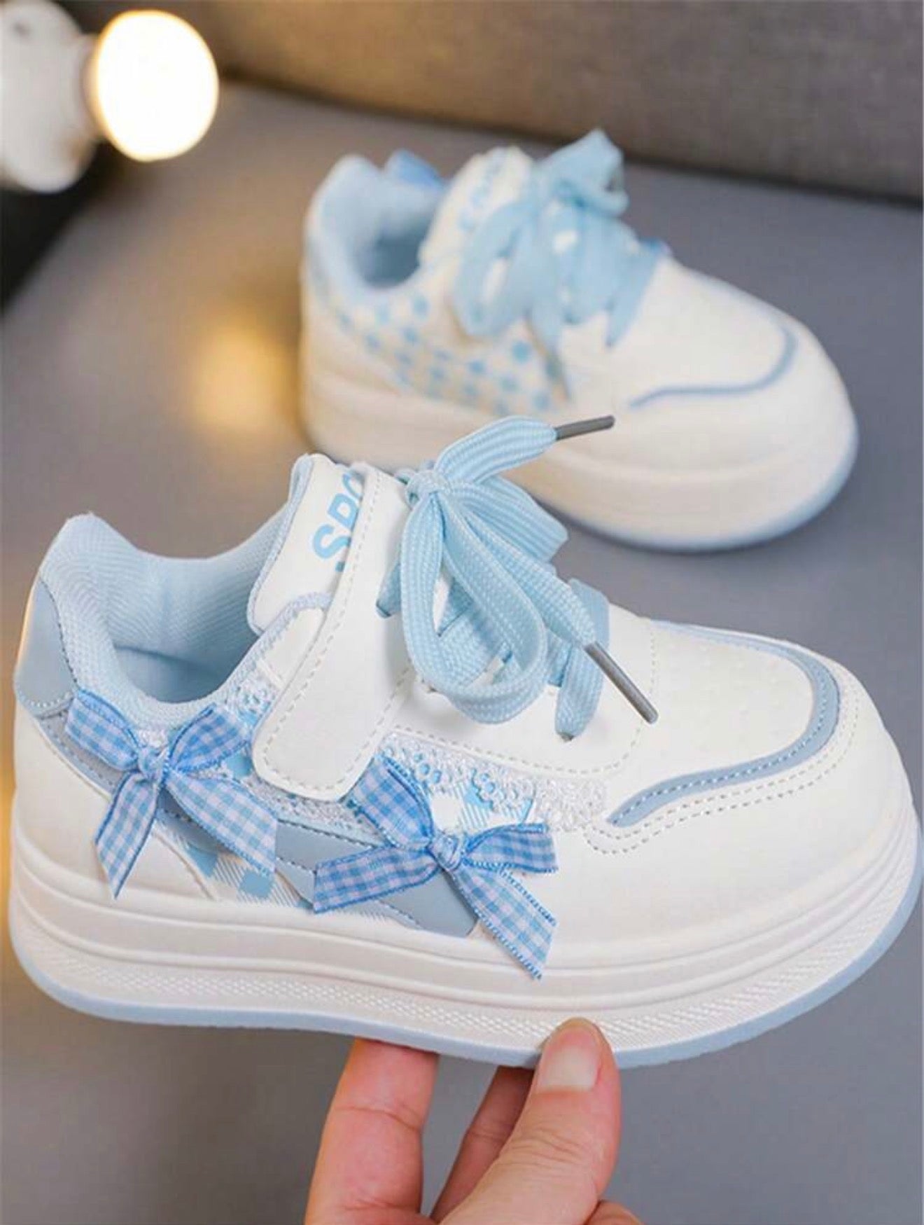 1 Pair Children's New Fashion Comfortable Soft Bottom Bow Knitted Strap Cute PU Hook And Loop Girls Outdoor Casual Versatile Flat Sports Shoes, Suitable For All Seasons