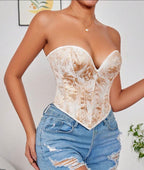 1pc Gold Corset Tops For Women Strapless Lace Up Boned Sweetheart Neck Bodyshaper Bustier Sexy Crop Top, Suitable For Wearing With A Dress