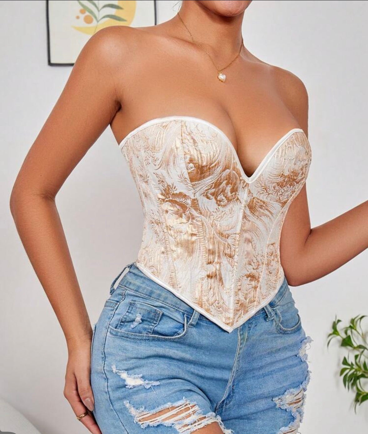 1pc Gold Corset Tops For Women Strapless Lace Up Boned Sweetheart Neck Bodyshaper Bustier Sexy Crop Top, Suitable For Wearing With A Dress