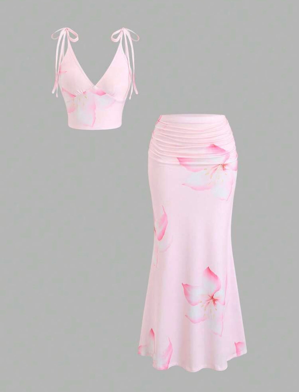 Women's Pink Floral Print High Elasticity Deep V-Neck Camisole Tie-Up Fitted Low Waist Sexy Sweet Romantic Beach Vacation 2-Piece Set
