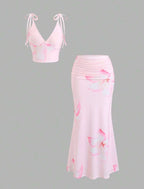 Women's Pink Floral Print High Elasticity Deep V-Neck Camisole Tie-Up Fitted Low Waist Sexy Sweet Romantic Beach Vacation 2-Piece Set
