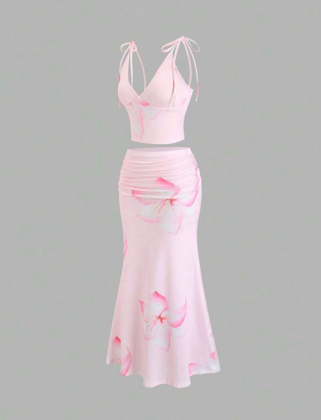 Women's Pink Floral Print High Elasticity Deep V-Neck Camisole Tie-Up Fitted Low Waist Sexy Sweet Romantic Beach Vacation 2-Piece Set