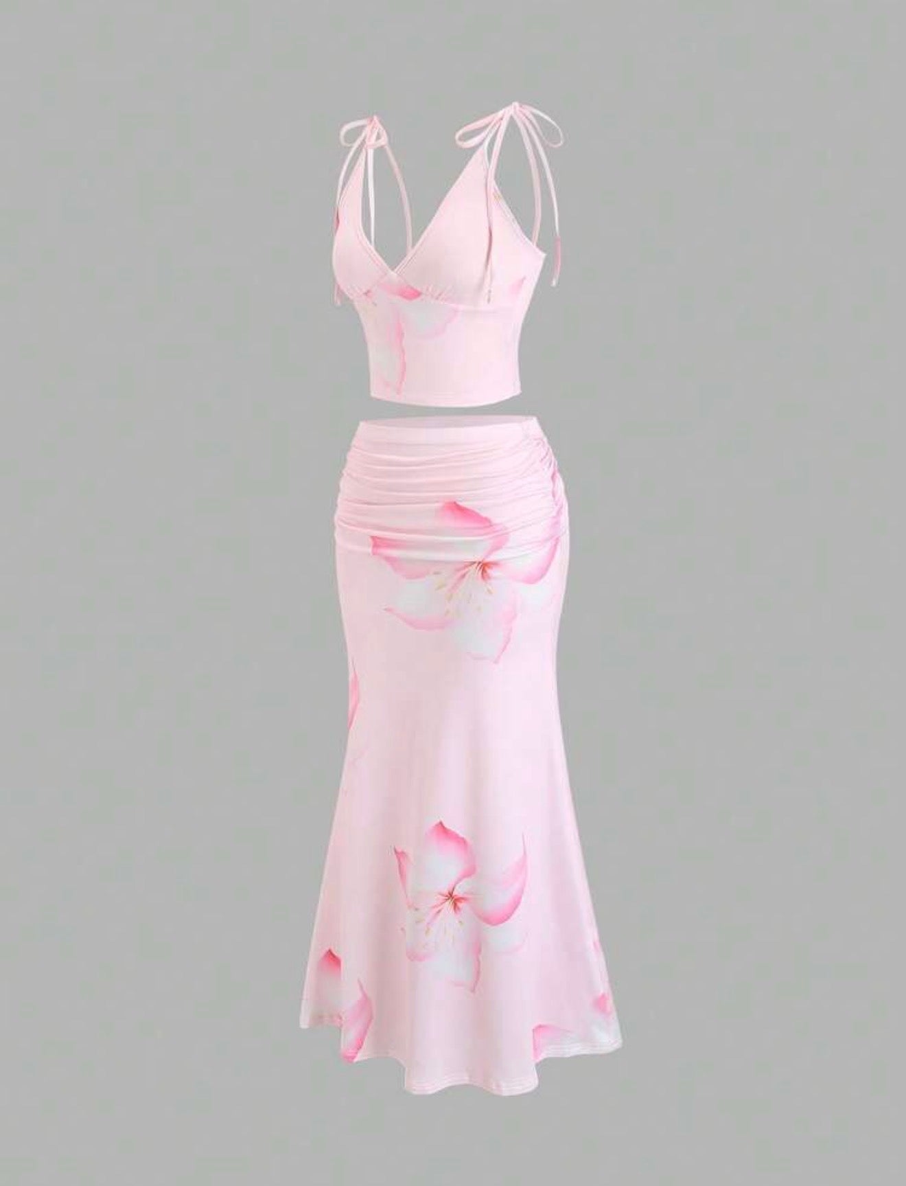 Women's Pink Floral Print High Elasticity Deep V-Neck Camisole Tie-Up Fitted Low Waist Sexy Sweet Romantic Beach Vacation 2-Piece Set