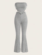 Solid Asymmetrical Hem Tube Top & Flare Leg Pants