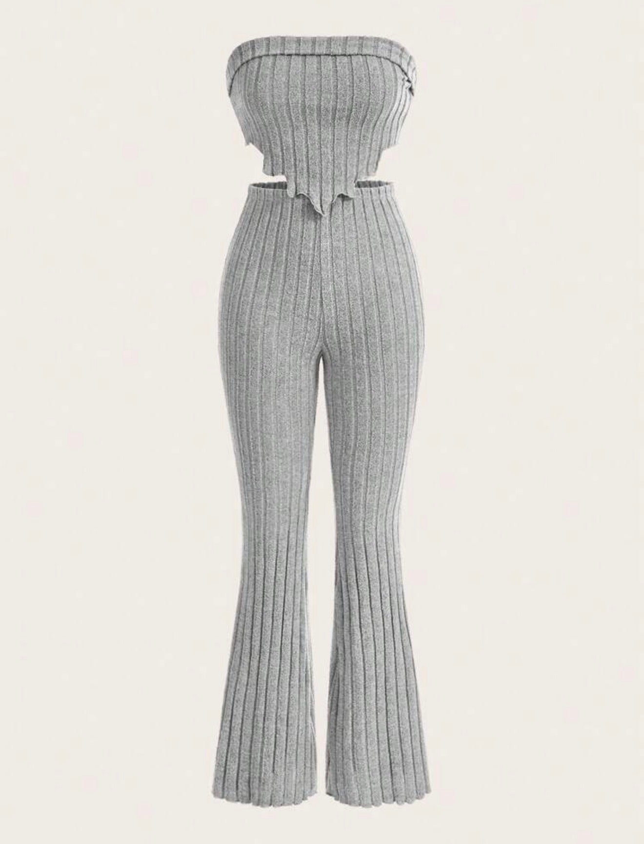Solid Asymmetrical Hem Tube Top & Flare Leg Pants