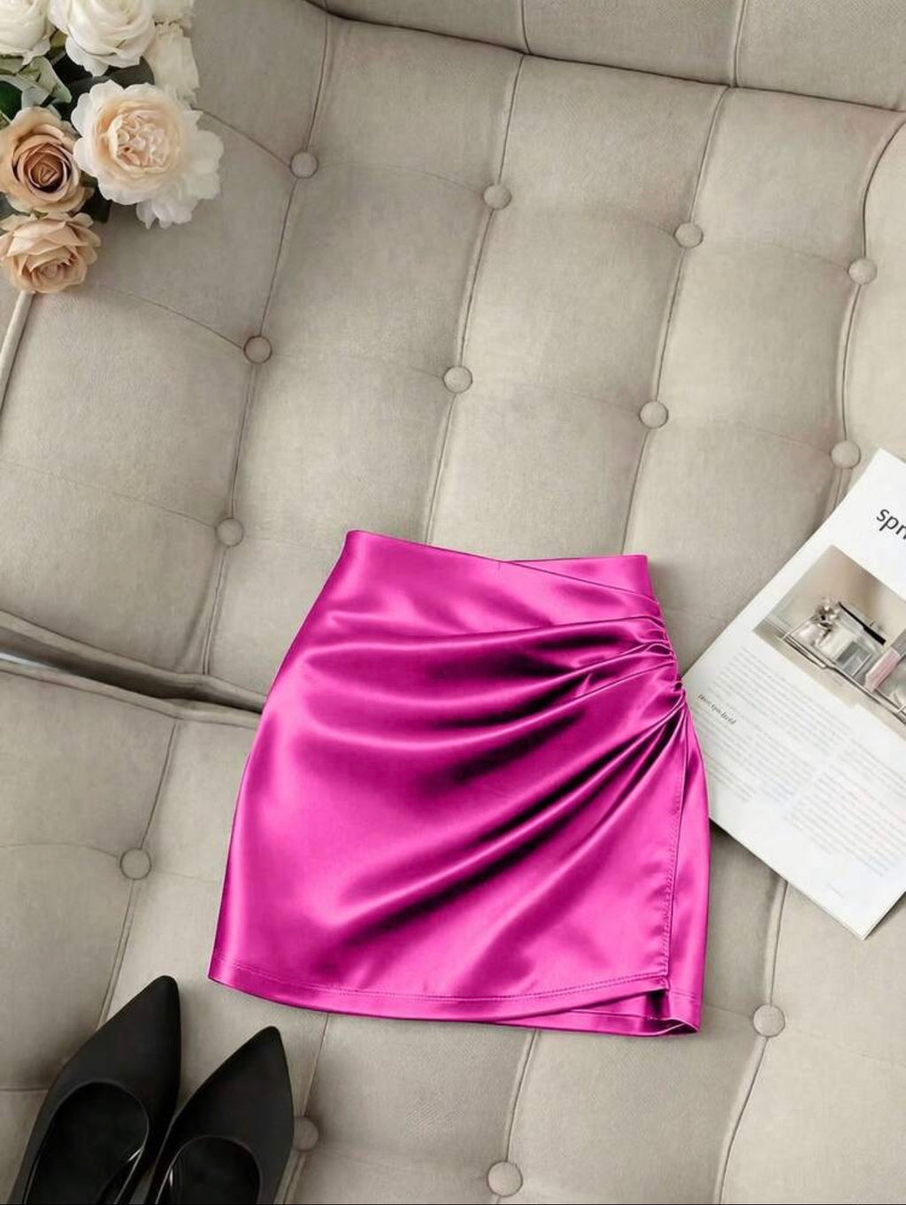 Fashionable New Glossy Asymmetrical Hem High Waist Slim Fit Pleated Bodycon Skirt, Spring/Summer
