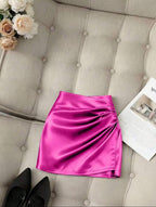 Fashionable New Glossy Asymmetrical Hem High Waist Slim Fit Pleated Bodycon Skirt, Spring/Summer
