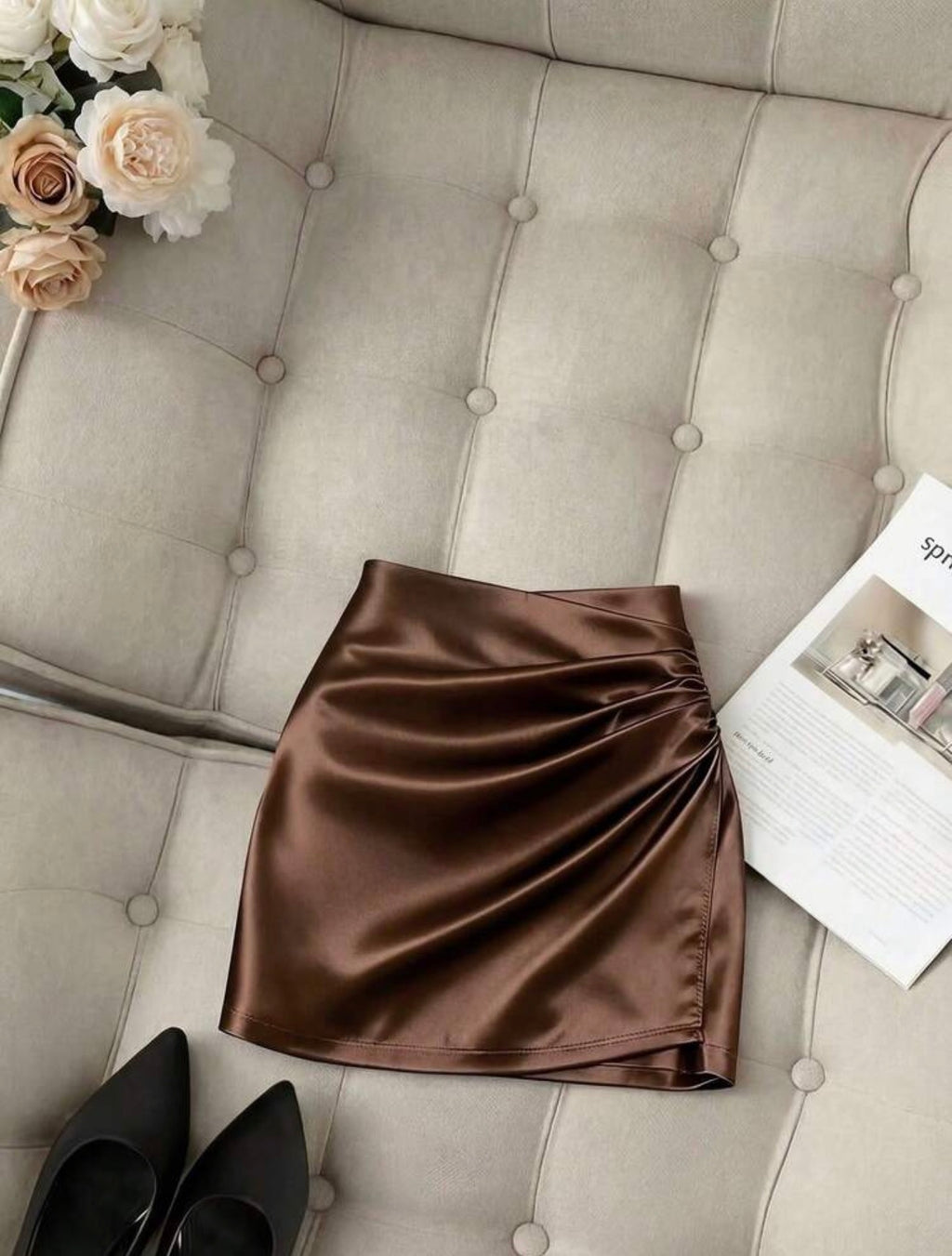 Fashionable New Glossy Asymmetrical Hem High Waist Slim Fit Pleated Bodycon Skirt, Spring/Summer
