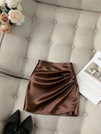 Fashionable New Glossy Asymmetrical Hem High Waist Slim Fit Pleated Bodycon Skirt, Spring/Summer