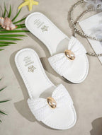 Women's Bow Metal Decor Straw Flat Sandals, Comfortable Minimalist Elegant Vacation Beach Home Daily Wear Summer Yellow Woven Open Toe Slippers