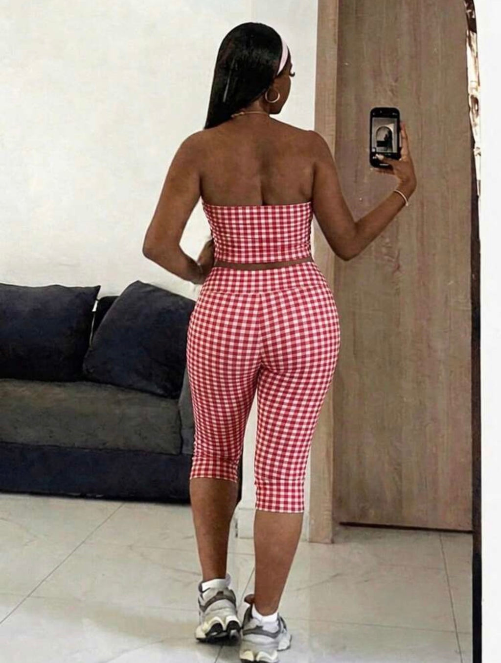 Slaydiva Women's Casual Sexy Tight Bandeau Top And Tight Capri Length Leggings 2 Pieces Set, Red Plaid Outfit, Women's Summer Clothing