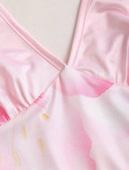 Women's Pink Floral Print High Elasticity Deep V-Neck Camisole Tie-Up Fitted Low Waist Sexy Sweet Romantic Beach Vacation 2-Piece Set