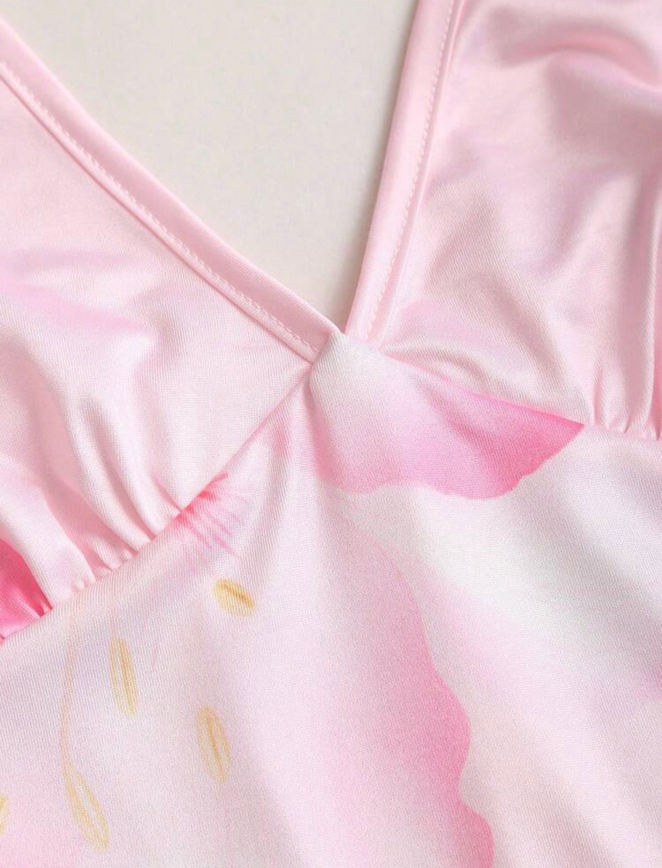 Women's Pink Floral Print High Elasticity Deep V-Neck Camisole Tie-Up Fitted Low Waist Sexy Sweet Romantic Beach Vacation 2-Piece Set