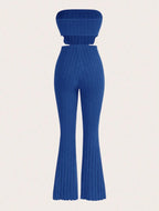 Solid Asymmetrical Hem Tube Top & Flare Leg Pants