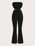 Solid Asymmetrical Hem Tube Top & Flare Leg Pants