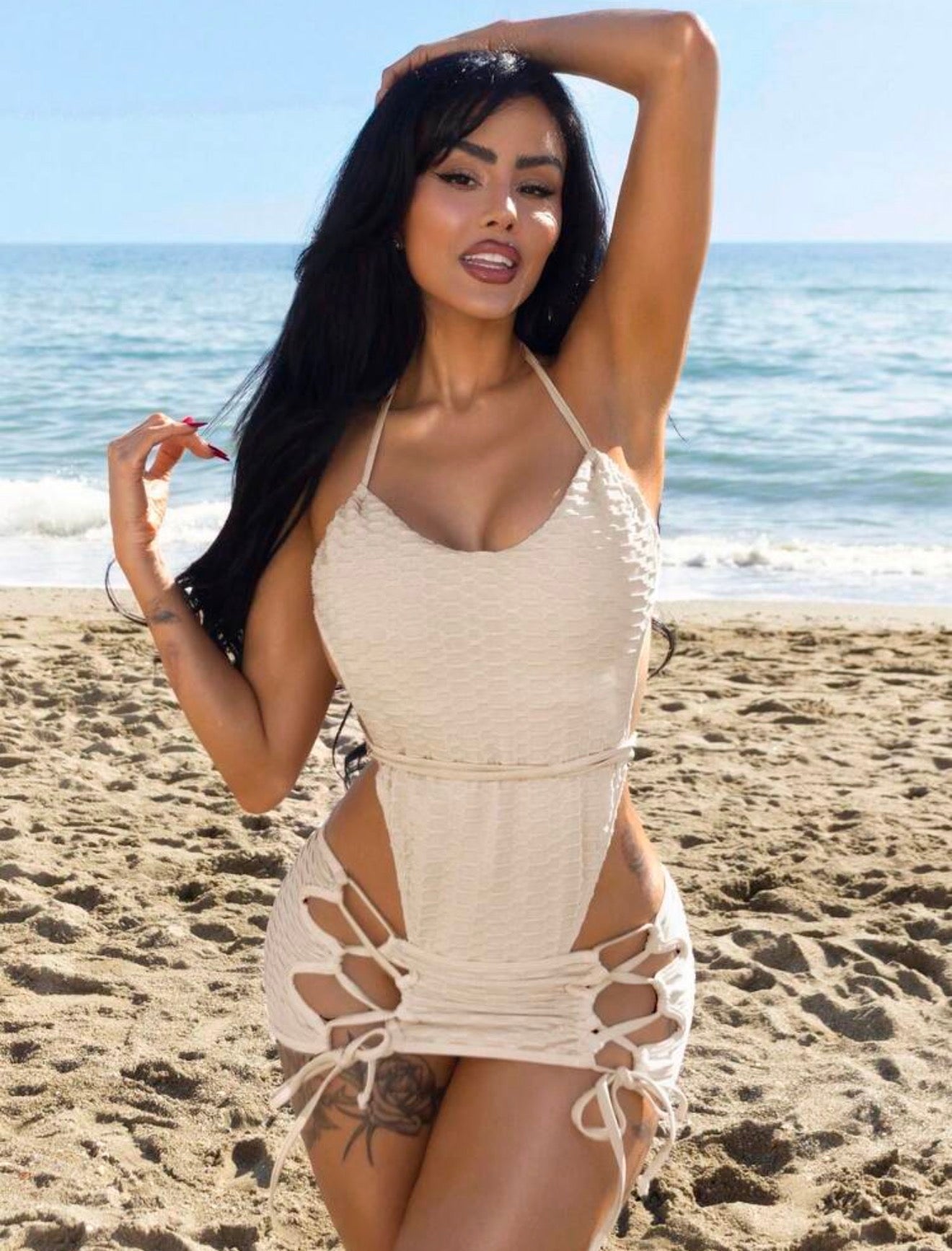 26SS Summer Vacation Sexy Party Cut One-Piece With Double-Sided Tie Skirt