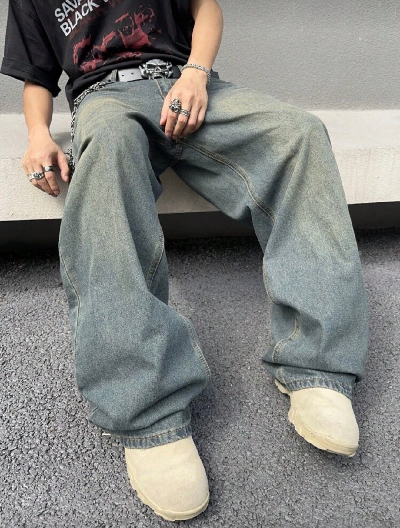 Men's Fashionable Distressed Loose Wide-Leg Jeans
