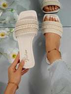 New Plus-Size Women’s Rhinestone & Pearl Square-Toe Mules – Luxury Beach & Summer Sandals