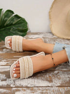 New Plus-Size Women’s Rhinestone & Pearl Square-Toe Mules – Luxury Beach & Summer Sandals