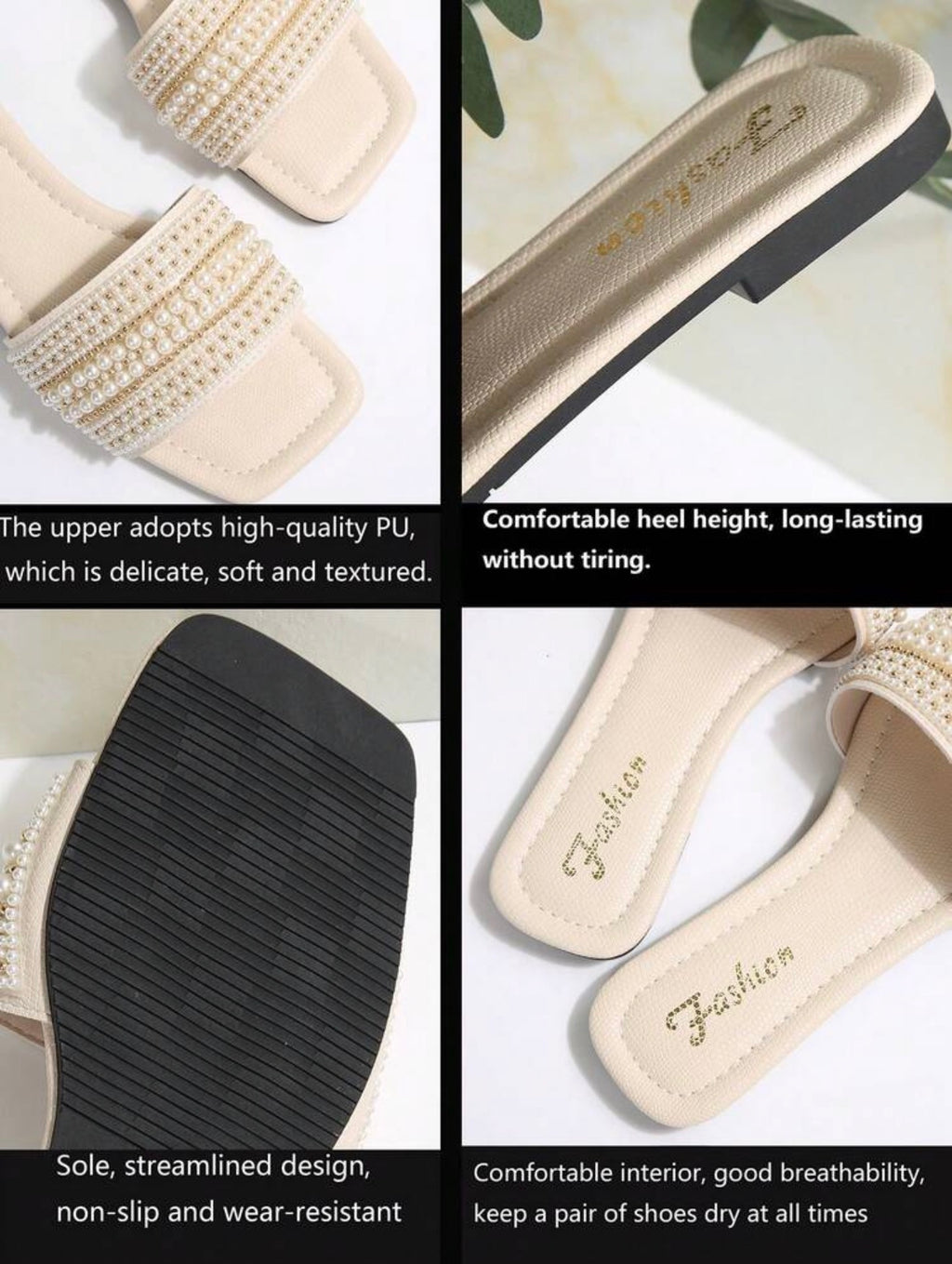 New Plus-Size Women’s Rhinestone & Pearl Square-Toe Mules – Luxury Beach & Summer Sandals