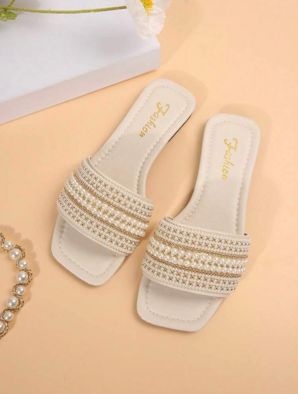 New Plus-Size Women’s Rhinestone & Pearl Square-Toe Mules – Luxury Beach & Summer Sandals