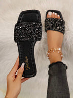 New Plus-Size Women’s Rhinestone & Pearl Square-Toe Mules – Luxury Beach & Summer Sandals
