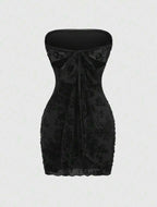 Women's Retro Sexy Sleeveless Velvet Floral Print Fitted Mini Dress, Black, Sum