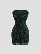 Women's Retro Sexy Sleeveless Velvet Floral Print Fitted Mini Dress, Black, Sum