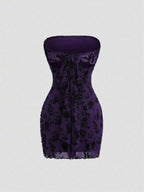 Women's Retro Sexy Sleeveless Velvet Floral Print Fitted Mini Dress, Black, Sum