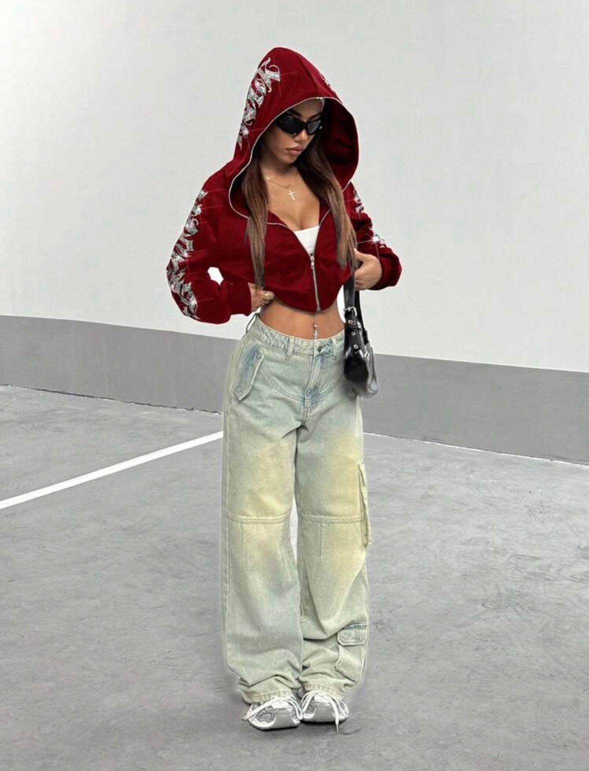 Women Gothic Text Rhinestone Studded Short Zip Up Hoodie Sweatshirt, Autumn/Winter,Long