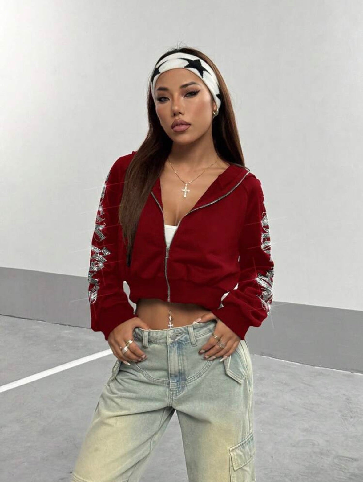 Women Gothic Text Rhinestone Studded Short Zip Up Hoodie Sweatshirt, Autumn/Winter,Long