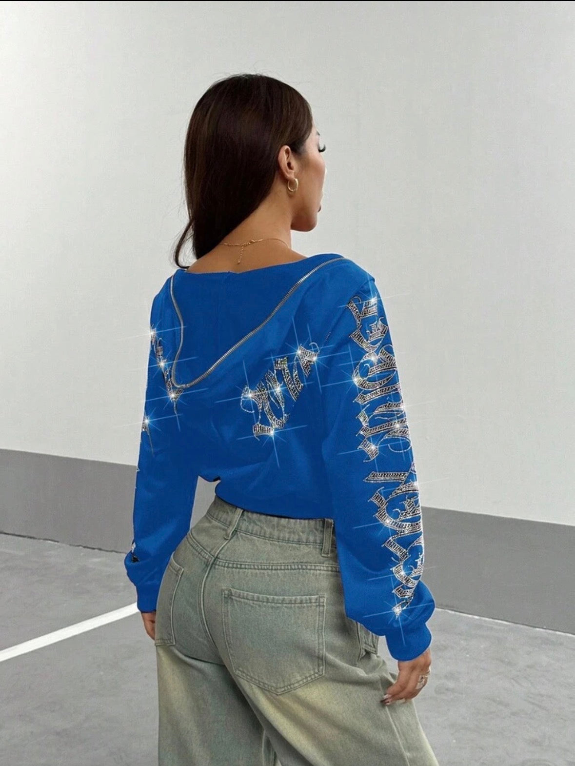 Women Gothic Text Rhinestone Studded Short Zip Up Hoodie Sweatshirt, Autumn/Winter,Long